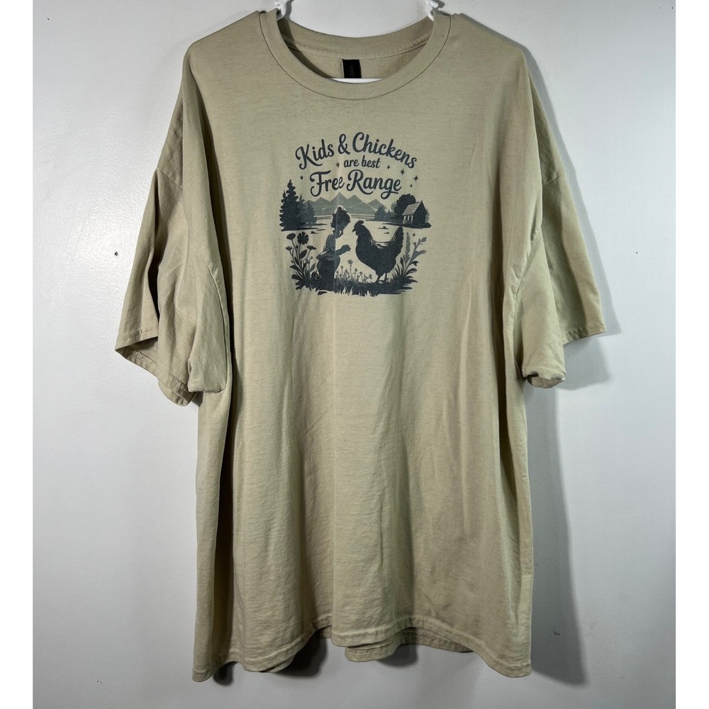 Womens‎ Gildan Tee Shirt Kids & Chickens are best Free Range Tan 3XL